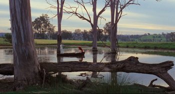 Movie still from “My Brilliant Career” (1979), directed by Gillian Armstrong – Two people in a boat on a body of water near trees; Extreme Wide shot, High angle