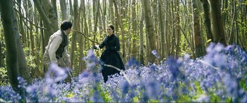 Movie still from “My Cousin Rachel” (2017), directed by Roger Michell – A woman standing in the middle of a field of blue flowers; Wide shot, High angle
