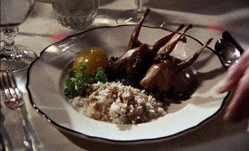Movie still from “My Dinner with Andre” (1981), directed by Louis Malle – A white plate topped with meat , rice and vegetables on top of a table next to a glass of water; Extreme Close Up shot, High angle
