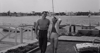 Movie still from “My Gun Is Quick” (1957), directed by Victor Saville – An older man standing next to an older woman in front of a body of water; Wide shot, Low angle