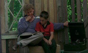 Movie still from “My Life as a Dog” (1985), directed by Lasse Hallström – A man sitting next to a young boy on a bench; Medium shot, Over the shoulder angle
