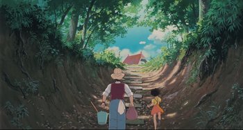 Movie still from “My Neighbor Totoro” (1988), directed by Hayao Miyazaki – An old man and a little girl walking down a path; Wide shot, High angle