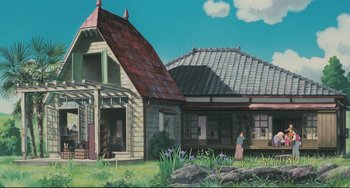 Movie still from “My Neighbor Totoro” (1988), directed by Hayao Miyazaki – A painting of a house with a person standing in front of it; Extreme Wide shot, Low angle
