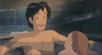 Movie still from “My Neighbor Totoro” (1988), directed by Hayao Miyazaki – A man and a child in a tub; Medium shot, Low angle