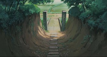 Movie still from “My Neighbor Totoro” (1988), directed by Hayao Miyazaki – A painting of an open gate leading to a field; Extreme Wide shot, High angle