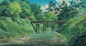 Movie still from “My Neighbor Totoro” (1988), directed by Hayao Miyazaki – An oil painting of a bridge over a river; Extreme Wide shot, Low angle