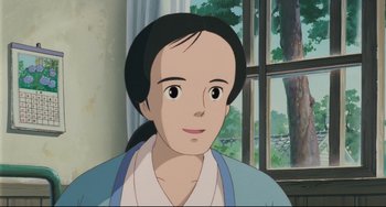 Movie still from “My Neighbor Totoro” (1988), directed by Hayao Miyazaki – An animated picture of a woman in front of a window; Close Up shot, High angle