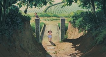 Movie still from “My Neighbor Totoro” (1988), directed by Hayao Miyazaki – A painting of a girl standing on a bridge; Extreme Wide shot, High angle