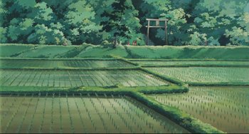 Movie still from “My Neighbor Totoro” (1988), directed by Hayao Miyazaki – An oil painting of an asian rice field with trees in the background; Extreme Wide shot, High angle