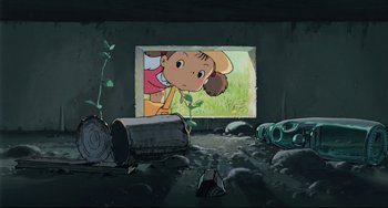 Movie still from “My Neighbor Totoro” (1988), directed by Hayao Miyazaki – An animated scene of a girl looking through a window; Wide shot, Low angle