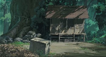 Movie still from “My Neighbor Totoro” (1988), directed by Hayao Miyazaki – A painting of an old shack in the woods; Extreme Wide shot, Low angle