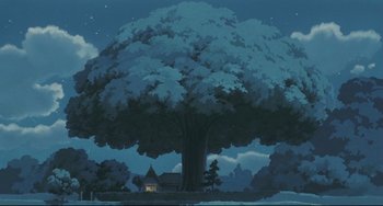 Movie still from “My Neighbor Totoro” (1988), directed by Hayao Miyazaki – A painting of a tree with a house in the background; Extreme Wide shot, Low angle