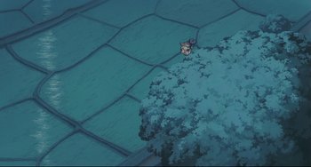 Movie still from “My Neighbor Totoro” (1988), directed by Hayao Miyazaki – An aerial view of a tree and a building; Extreme Wide shot, Overhead angle