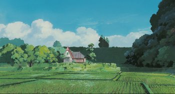 Movie still from “My Neighbor Totoro” (1988), directed by Hayao Miyazaki – An oil painting of a house in the middle of a green field; Extreme Wide shot, Low angle