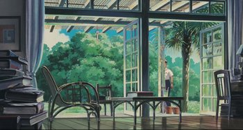Movie still from “My Neighbor Totoro” (1988), directed by Hayao Miyazaki – A man standing on a porch looking out a window; Extreme Wide shot, Low angle