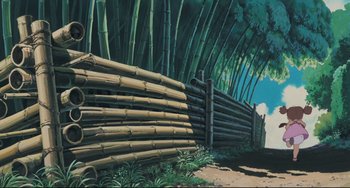 Movie still from “My Neighbor Totoro” (1988), directed by Hayao Miyazaki – A painting of a fence and some trees in the background; Extreme Wide shot, Low angle