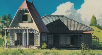 Movie still from “My Neighbor Totoro” (1988), directed by Hayao Miyazaki – A painting of an old house in the middle of the day; Extreme Wide shot, Low angle