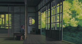 Movie still from “My Neighbor Totoro” (1988), directed by Hayao Miyazaki – A painting of a room with a large open window; Extreme Wide shot, Low angle