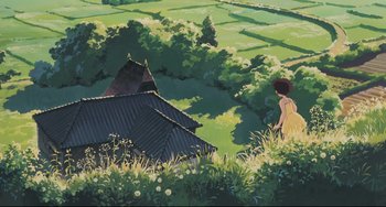 Movie still from “My Neighbor Totoro” (1988), directed by Hayao Miyazaki – A painting of a woman standing in a field near a house; Extreme Wide shot, Low angle