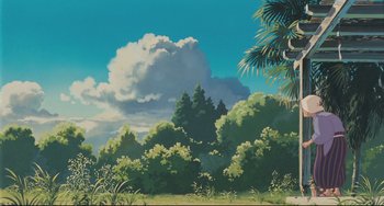 Movie still from “My Neighbor Totoro” (1988), directed by Hayao Miyazaki – A painting of trees and clouds in the sky; Extreme Wide shot, Low angle