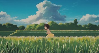 Movie still from “My Neighbor Totoro” (1988), directed by Hayao Miyazaki – A painting of a woman in a field of grass; Extreme Wide shot, Low angle