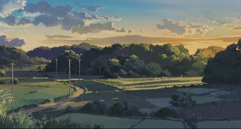 Movie still from “My Neighbor Totoro” (1988), directed by Hayao Miyazaki – An oil painting of an open field at sunset; Extreme Wide shot, Low angle