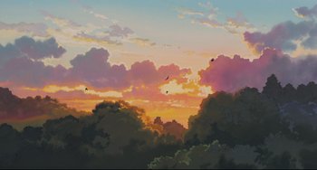 Movie still from “My Neighbor Totoro” (1988), directed by Hayao Miyazaki – A painting of a sunset with birds flying in the sky; Extreme Wide shot, Low angle