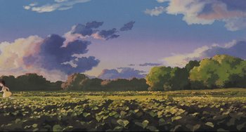 Movie still from “My Neighbor Totoro” (1988), directed by Hayao Miyazaki – An oil painting of a field with trees in the background; Extreme Wide shot, Low angle