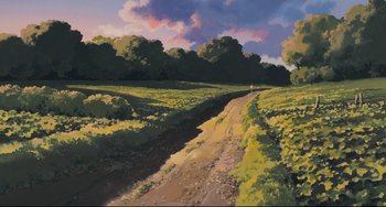 Movie still from “My Neighbor Totoro” (1988), directed by Hayao Miyazaki – An oil painting of a dirt road near a field; Extreme Wide shot, Low angle