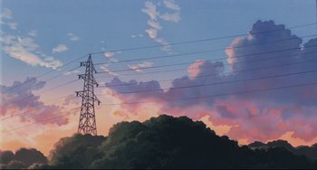 Movie still from “My Neighbor Totoro” (1988), directed by Hayao Miyazaki – A painting of power lines on a cloudy day; Extreme Wide shot, Low angle