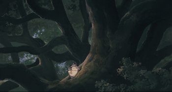 Movie still from “My Neighbor Totoro” (1988), directed by Hayao Miyazaki – An owl sitting on a tree in a forest; Wide shot, High angle