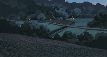 Movie still from “My Neighbor Totoro” (1988), directed by Hayao Miyazaki – An oil painting of a farm at night; Extreme Wide shot, High angle