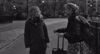 Movie still from “Frances Ha” (2012), directed by Noah Baumbach – Two women standing next to each other on the sidewalk; Medium shot, Over the shoulder angle