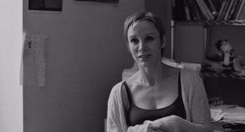 Movie still from “Frances Ha” (2012), directed by Noah Baumbach – Black and white photograph of a woman with short hair; Close Up shot, Over the shoulder angle