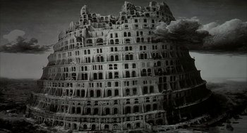 Movie still from “Naqoyqatsi” (2002), directed by Godfrey Reggio – A black and white painting of a tower of babel; Extreme Wide shot, Low angle