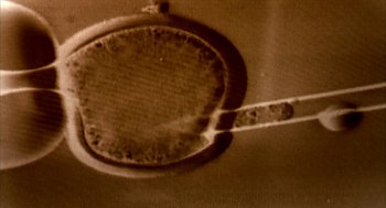 Movie still from “Naqoyqatsi” (2002), directed by Godfrey Reggio – An old photo of a tennis racket and ball in the air; Extreme Close Up shot, Overhead angle