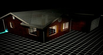 Movie still from “Naqoyqatsi” (2002), directed by Godfrey Reggio – An image of a building in the middle of the night; Extreme Wide shot, High angle