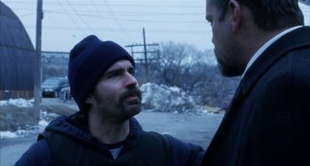Movie still from “Narc” (2002), directed by Joe Carnahan – Two men are talking outside in the snow; Close Up shot, Over the shoulder angle