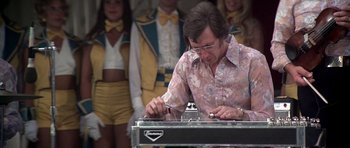 Movie still from “Nashville” (1975), directed by Robert Altman – A man in a floral shirt is playing an electronic keyboard; Medium shot, Low angle