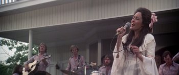 Movie still from “Nashville” (1975), directed by Robert Altman – A group of people that are standing in a room; Medium shot, Low angle