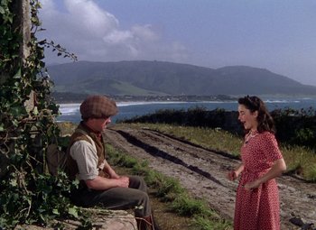 Movie still from “National Velvet” (1944), directed by Clarence Brown – A man and a woman sitting on a bench near a body of water; Wide shot, High angle