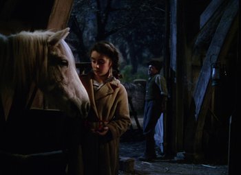 Movie still from “National Velvet” (1944), directed by Clarence Brown – A girl and a white horse in a dark setting; Medium shot, Over the shoulder angle
