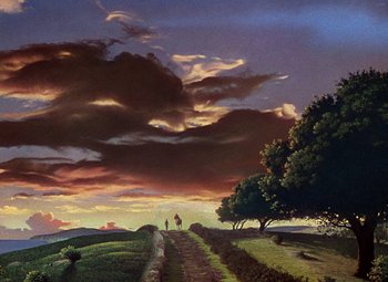 Two people walking down a dirt road under a cloudy sky