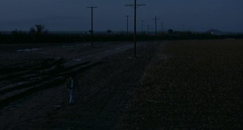 Movie still from “Near Dark” (1987), directed by Kathryn Bigelow – A person standing on a dirt road at night with power lines in the background; Extreme Wide shot, High angle