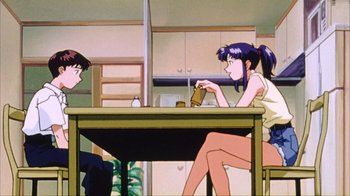 Movie still from “Neon Genesis Evangelion: Death & Rebirth” (1997), directed by Tensai Okamura – A group of people sitting at a table in a room; Wide shot, Low angle