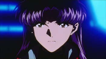 Movie still from “Neon Genesis Evangelion: Death & Rebirth” (1997), directed by Tensai Okamura – A woman with purple hair; Close Up shot, Low angle