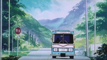 Movie still from “Neon Genesis Evangelion: Death & Rebirth” (1997), directed by Tensai Okamura – A painting of a bus driving down the road; Extreme Wide shot, Low angle