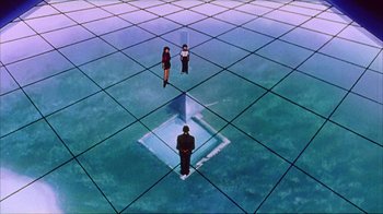 Movie still from “Neon Genesis Evangelion: Death & Rebirth” (1997), directed by Tensai Okamura – A group of people standing in a room with a mirror; Extreme Wide shot, High angle