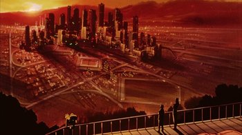 Movie still from “Neon Genesis Evangelion: Death & Rebirth” (1997), directed by Tensai Okamura – Two people are standing on the edge of a bridge; Extreme Wide shot, High angle
