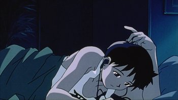 Movie still from “Neon Genesis Evangelion: Death & Rebirth” (1997), directed by Tensai Okamura – A woman laying on the ground listening to headphones; Close Up shot, Low angle